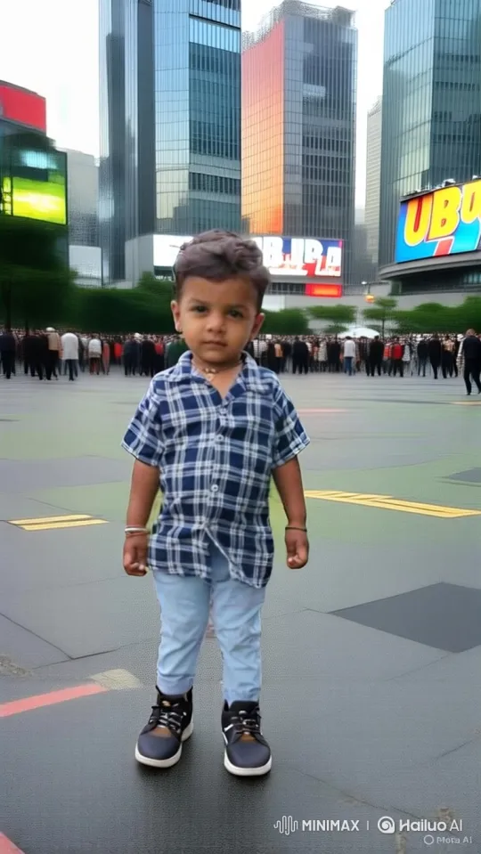 Boy in Plaza Amidst Bustling City Life – AI Generated Video | Hailuo AI