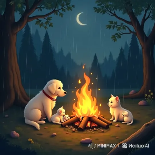 Cozy Night: Family of Dogs by the Campfire – AI Generated Video | Hailuo AI