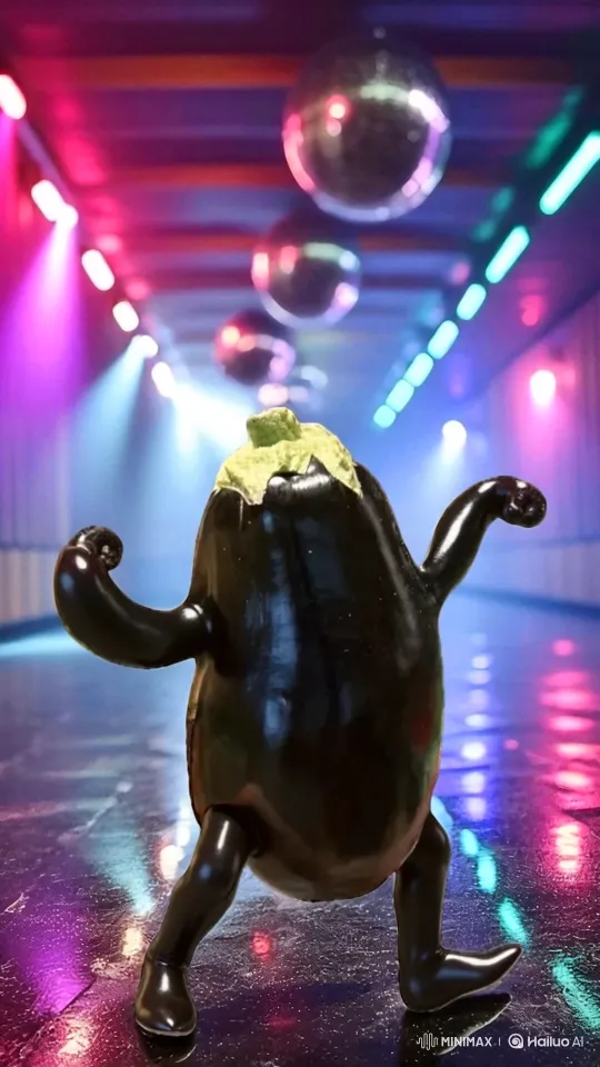 Anthropomorphic Eggplant Disco Dancer Captivates Hallway – AI Generated Video | Hailuo AI