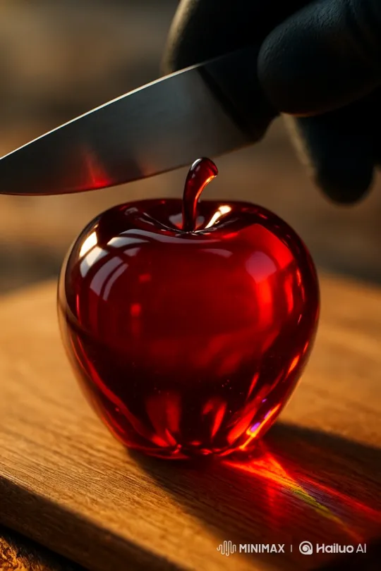 Macrosuspense: Gleaming Glass Apple Under Threatening Knife – AI Generated Video | Hailuo AI