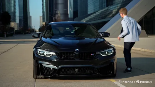 Young Boy Drives BMW M4 in Modern Cityscape – AI Generated Video | Hailuo AI