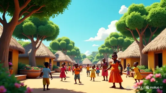 Animated Village Street: Children Playing, Women Chatting – AI Generated Video | Hailuo AI