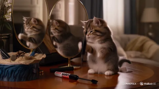Kitten Surprised by Mascara Magic in Mirror – AI Generated Video | Hailuo AI