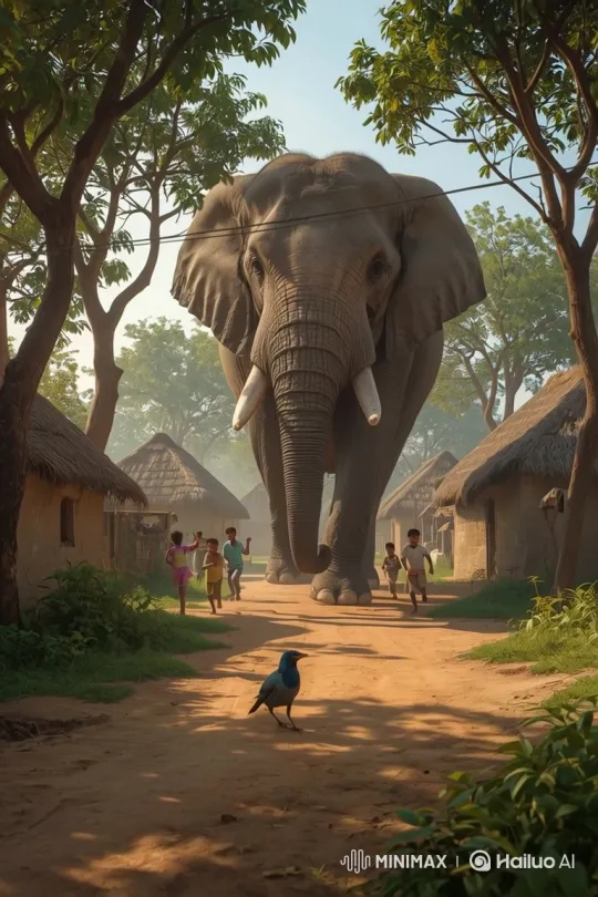 Giant Elephant Walks Through Rural Village, Frightens Children – AI Generated Video | Hailuo AI