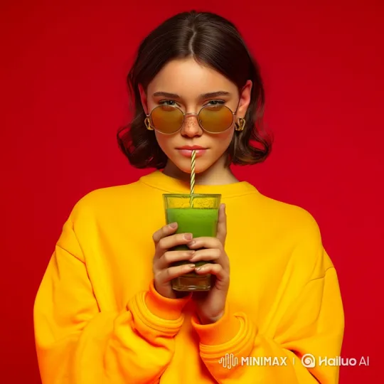 Stylish Woman Enjoying Green Smoothie in Red Background – AI Generated Video | Hailuo AI