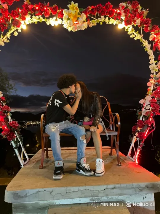 Young Couple and Son Share Intimate Moment Under Floral Arch – AI Generated Video | Hailuo AI