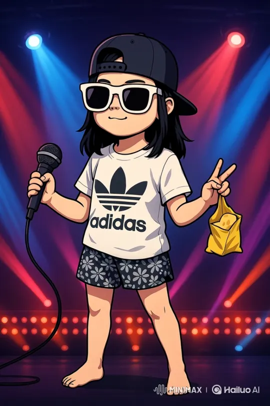 Cartoon Character on Stage with Microphone and Peace Sign – AI Generated Video | Hailuo AI