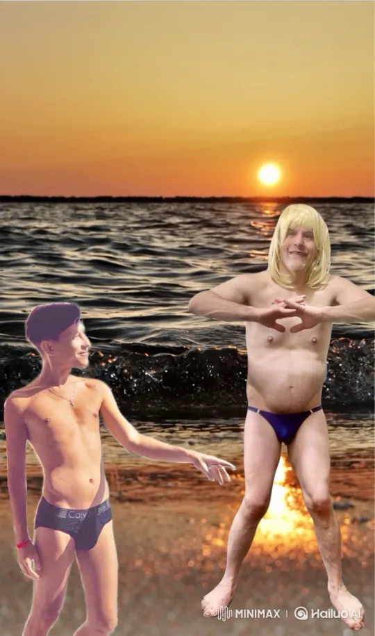 Beach Sunset Dance: Two Men Enjoy a Lighthearted Moment – AI Generated Video | Hailuo AI