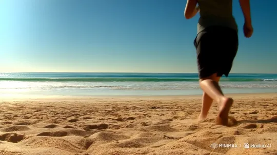 Person Running Towards Ocean on Sandy Beach – AI Generated Video | Hailuo AI
