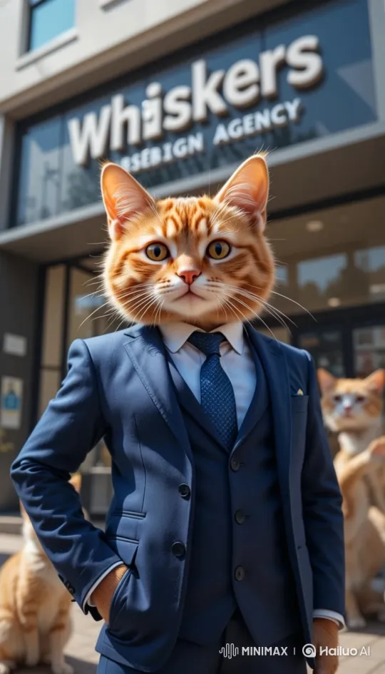 Distinguished Cat Stands Firm in Whiskers Agency Suit – AI Generated Video | Hailuo AI