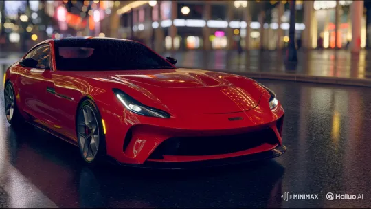 Red Sports Car Gleams on Wet Nighttime Street – AI Generated Video | Hailuo AI