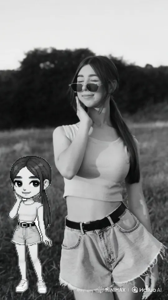 Young Woman and Avatar in Sunlit Field with 180-Degree Camera Movement – AI Generated Video | Hailuo AI