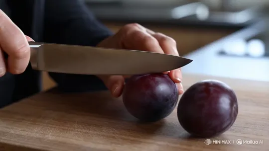 Hands Slicing a Plum on a Wooden Board – AI Generated Video | Hailuo AI