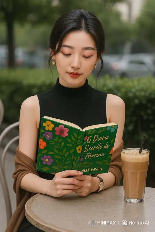 Elegant Young Woman Enjoying a Book at an Outdoor Café – AI Generated Video | Hailuo AI