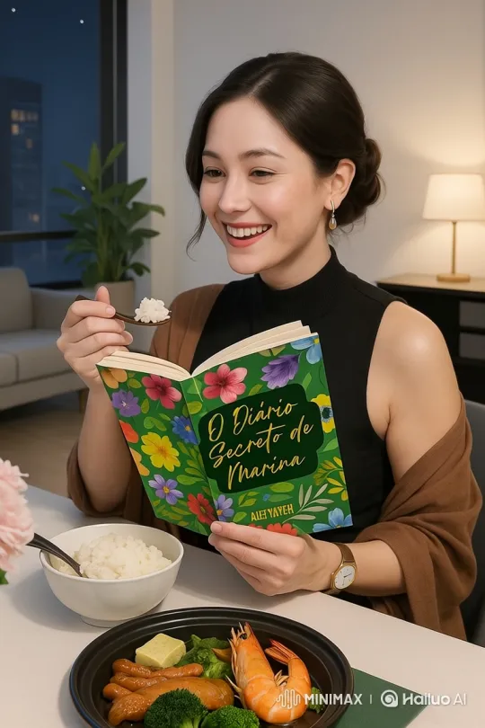 Woman Enjoying Dinner and Book in Cozy Setting – AI Generated Video | Hailuo AI