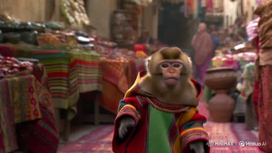 Monkey in Moroccan Djellaba Dances in Bustling Market – AI Generated Video | Hailuo AI