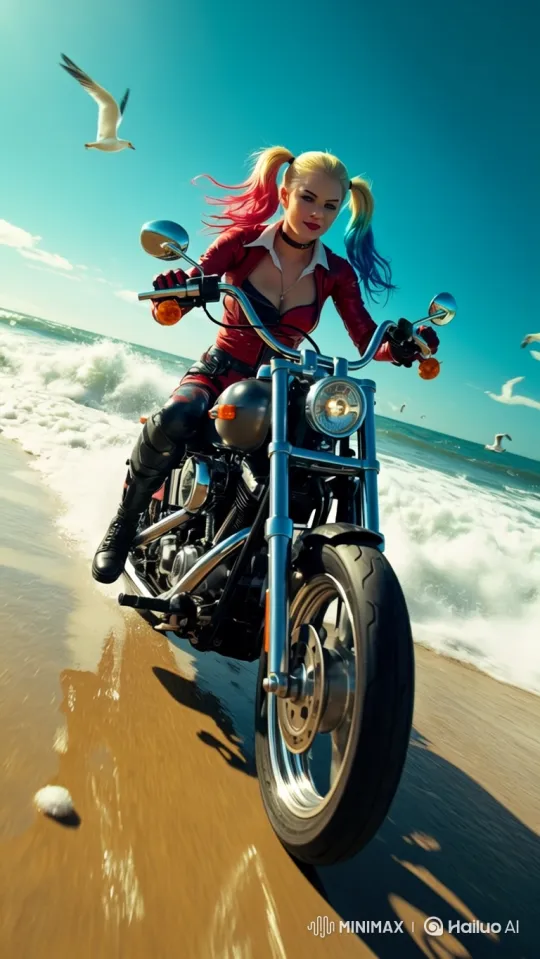 Woman on Motorcycle Meets Man at the Beach – AI Generated Video | Hailuo AI