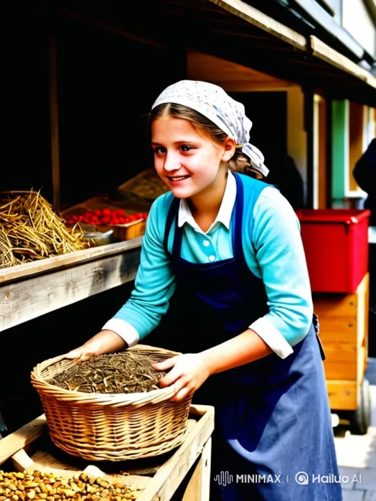 Young Girl Arranging Dried Roots at Market Stall – AI Generated Video | Hailuo AI
