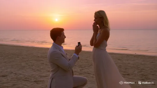 Young Man Proposes to Woman on Sunset Beach – AI Generated Video | Hailuo AI