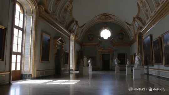 Empty Grandeur: A Serene Tour of a Classical Museum Hall – AI Generated Video | Hailuo AI