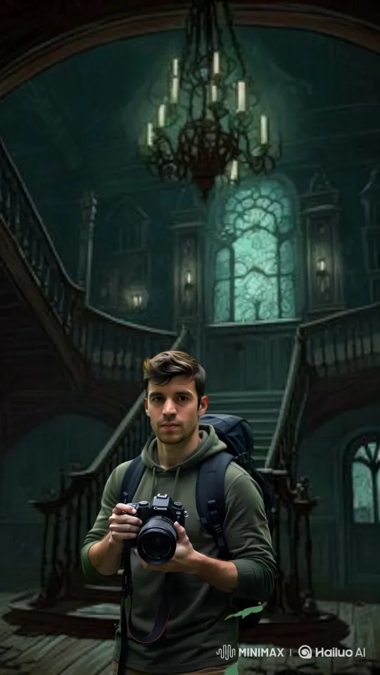 Young Man Films Apparitions in Abandoned Mansion – AI Generated Video | Hailuo AI