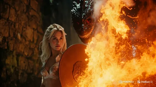 Blonde Warrior Fends Off Dragon's Fiery Attack – AI Generated Video | Hailuo AI