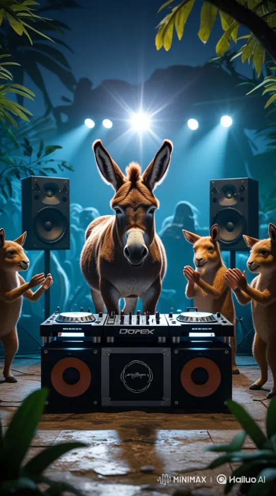 Jungle Donkey DJ: Animal Band Concert in the Night – AI Generated Video | Hailuo AI