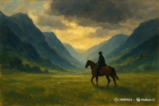 Lone Rider Crosses Golden Valley at Twilight – AI Generated Video | Hailuo AI