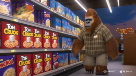 Bigfoot Surprised by Cereal Mascots' Chaos in Grocery Store – AI Generated Video | Hailuo AI