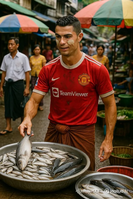 Cristiano Ronaldo Yawns at Bustling Fish Market – AI Generated Video | Hailuo AI