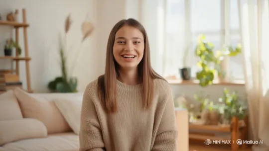 Friendly Young Woman Greetings from Cozy Living Room – AI Generated Video | Hailuo AI