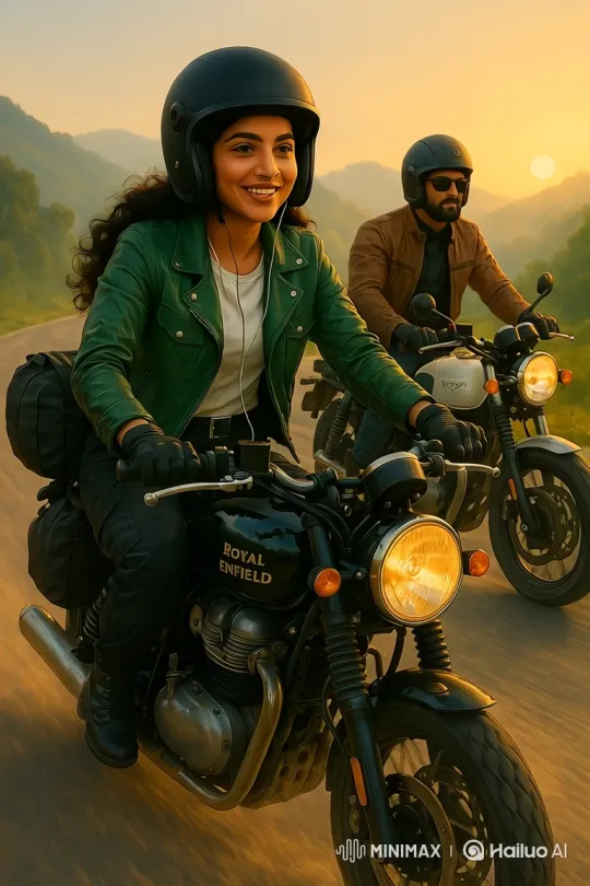 Couple Riding Motorcycles Through Hilly Landscape – AI Generated Video | Hailuo AI