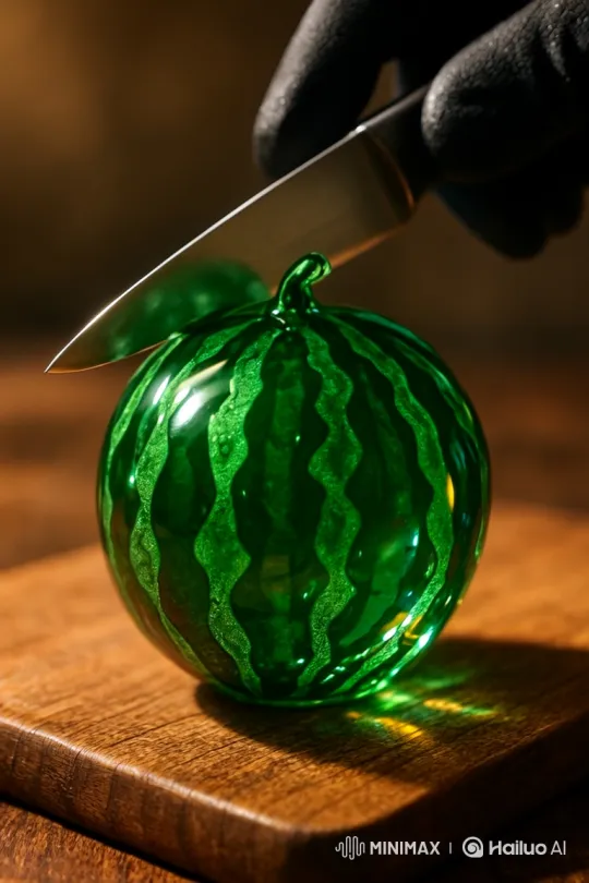 Glass Watermelon on Cutting Board with Knife About to Strike – AI Generated Video | Hailuo AI