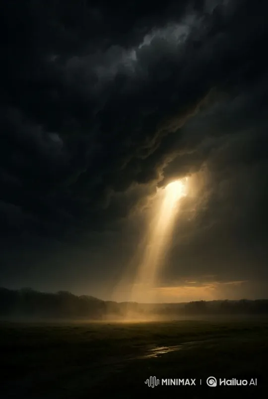 Dramatic Sunlight Breaks Through Dark Clouds Over Misty Landscape – AI Generated Video | Hailuo AI