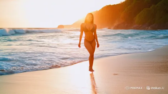 Stunning Latina Strides confidently on the tropical beach – AI Generated Video | Hailuo AI