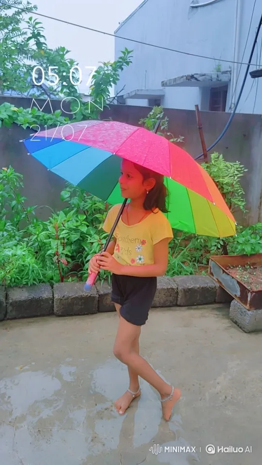 Young Girl Enjoys Rain Under Colorful Umbrella – AI Generated Video | Hailuo AI