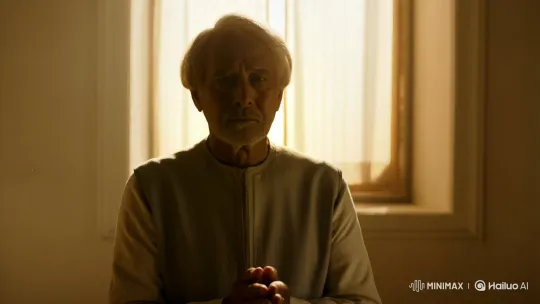 Elderly Man Offers Sincere Prayer in Sunlit Room – AI Generated Video | Hailuo AI