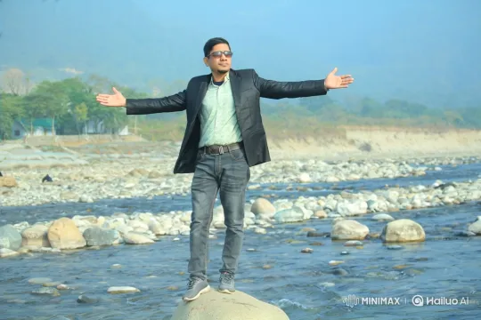 Man Stands Triumphantly on Rock in Peaceful River Scene – AI Generated Video | Hailuo AI