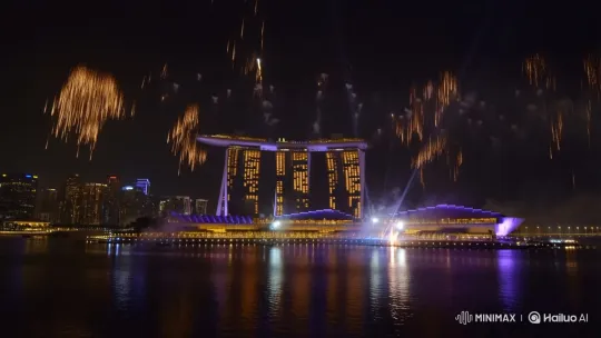 Singapore Night Skyline with Marina Bay Sands Fireworks Display – AI Generated Video | Hailuo AI