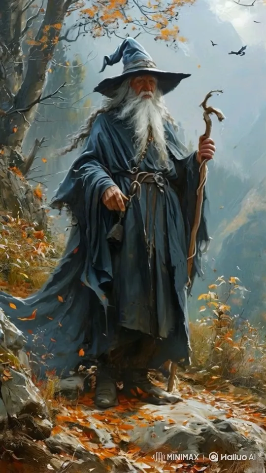 Elderly Wizard Amidst Autumn Mountain Landscape – AI Generated Video | Hailuo AI