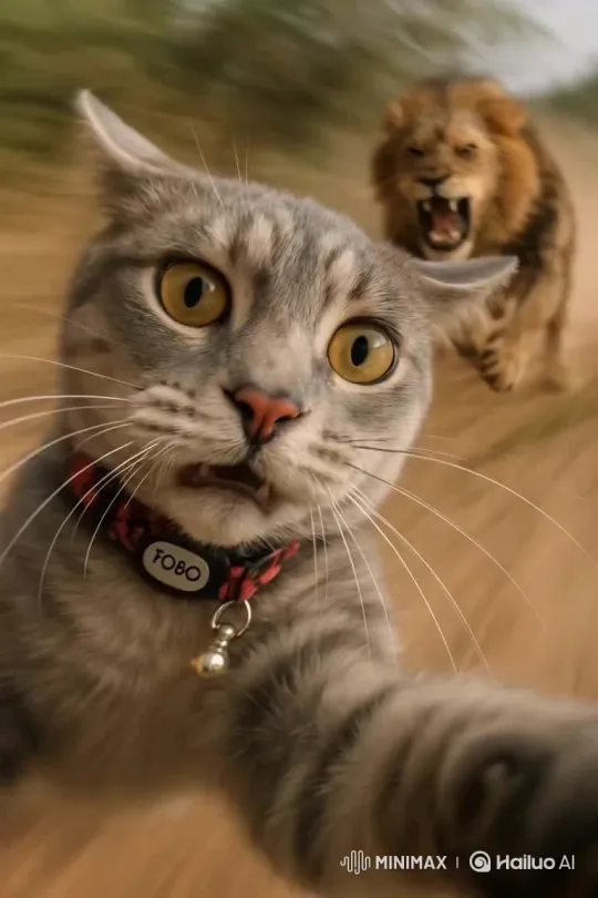 Cat Escapes Lion's Pursuit – AI Generated Video | Hailuo AI