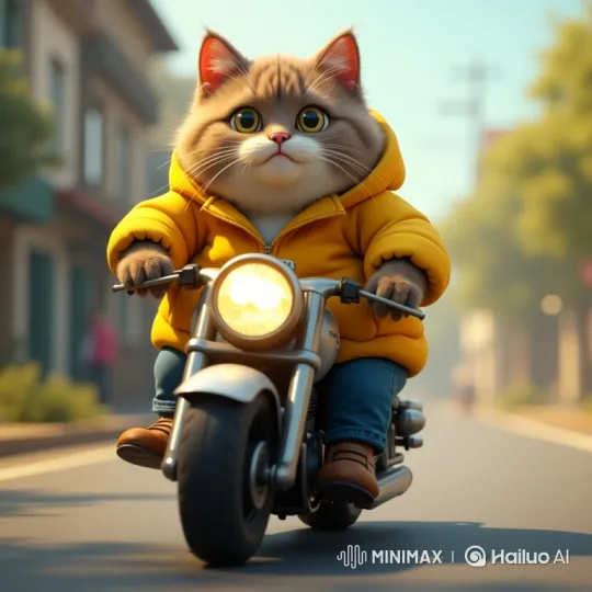 Chubby Cat in Yellow Jacket Rides Motorcycle – AI Generated Video | Hailuo AI