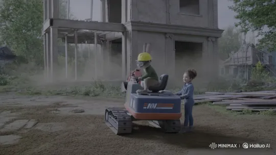 Miniature Excavator Demolition: Benny the Rabbit in Action – AI Generated Video | Hailuo AI