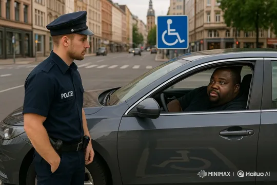 German Police Officer Laughs After Driver's Explanation – AI Generated Video | Hailuo AI