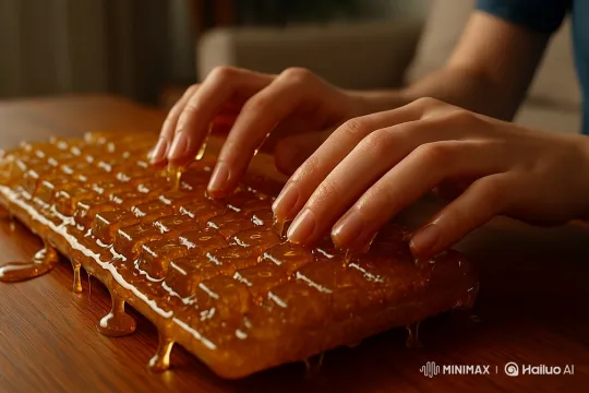Honey Keyboard: Sticky Typing Hands Art – AI Generated Video | Hailuo AI