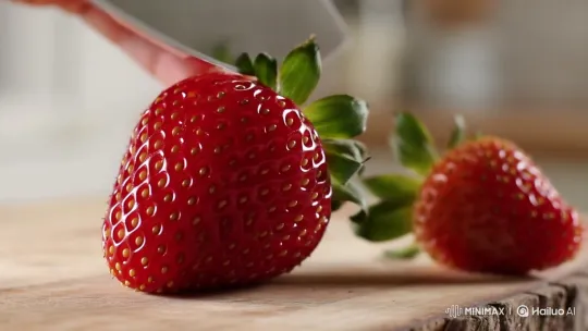 Ripe Strawberry Sliced by Sharp Knife on Wooden Board – AI Generated Video | Hailuo AI