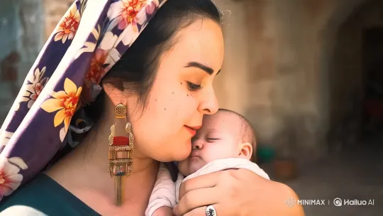 Motherhood: A Woman in a Floral Headscarf and Baby in a Sunlit Courtyard – AI Generated Video | Hailuo AI