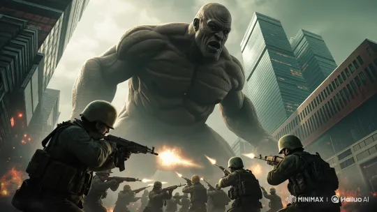 Giant Attacked by Soldiers Amidst City Chaos – AI Generated Video | Hailuo AI