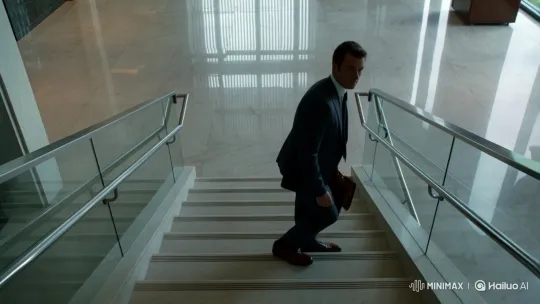 Businessman Tumbles Down Polished Staircase in Bright Lobby – AI Generated Video | Hailuo AI
