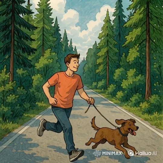 Young Man and Dog Running Through Forest – AI Generated Video | Hailuo AI